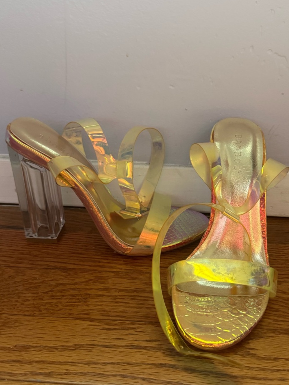 bebe Iridescent Yellow Strap Heeled Sandals